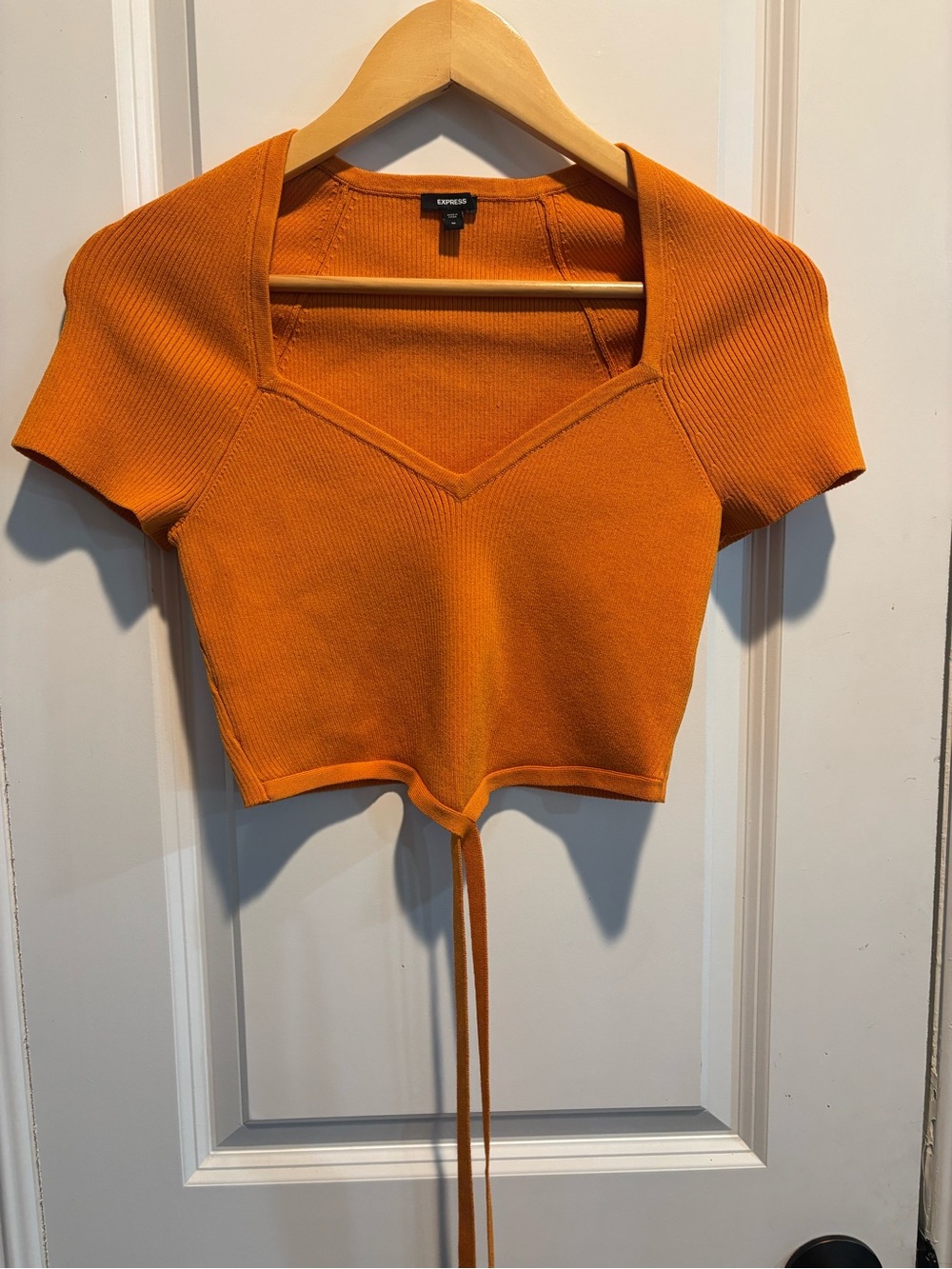 Express Vibrant Orange V-Neck Cropped Tie-Front Top